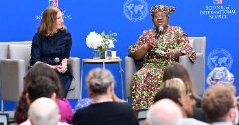 AU president Sylvia Burwell and WTO director-general Ngozi Okonjo-Iweala discuss the global economy at SIS.