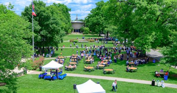 Aerial view of a staff picnic on the quad. Photo by Jeff Watts.