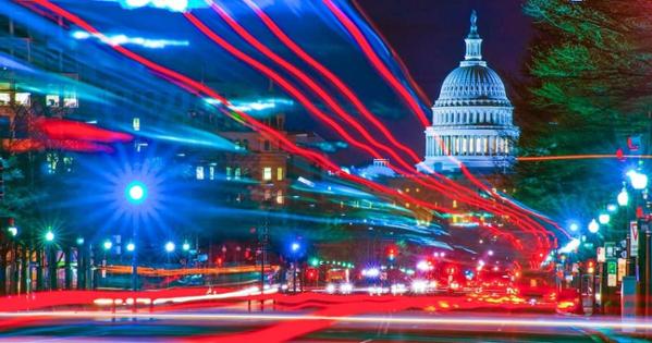 Capitol Dome with ribbons of traffic lights