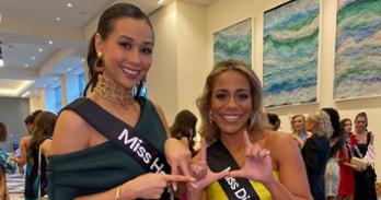 Miss America contestants Star Dahl-Thurston, Kogod/BA ’20, and Jude Maboné, SIS/BA ’18, show their AU spirit.