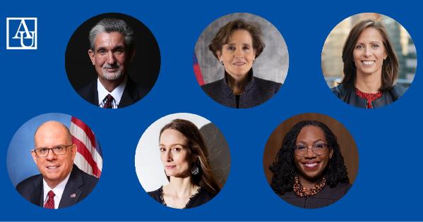 AU's 2023 spring commencement speakers, clockwise from top left, Ted Leonsis, Alice Albright, Adena T. Friedman, Ketanji Brown Jackson, Julie Kent, and Larry Hogan.
