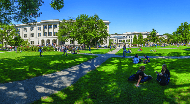 A panoramic view of the American University campus with Gap Year students and buildings in the background