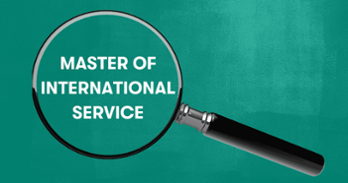 magnifying glass against a teal background with program title, master of international service