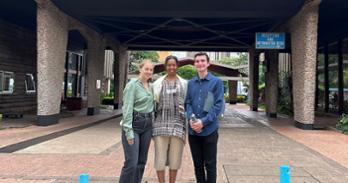 SIS professor Angela Pashayan (center) and SIS students Sophie Cazares and Leo Jaques at the University of Nairobi