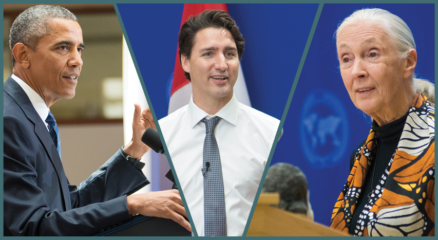 President Barack Obama, Prime Minister Justin Trudeau, and Dame Jane Goodall at their respective lectures in SIS.