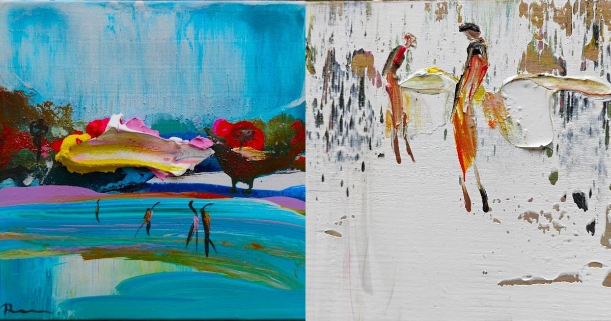 Artwork of Dara Aram; left is a painting of figures in a blue landscape with colorful paint texture around and right is a painting of two figures standing surrounded by white paint with colorful texture. Artwork of Dara Aram; left is a painting of figures in a blue landscape with colorful paint texture around and right is a painting of two figures standing surrounded by white paint with colorful texture.