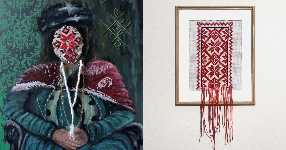 Artwork of Vian Hussein; left is a painting of Kurdish woman with embroidery over her face and right is embroidery of traditional patterns unravelling out of the frame. Artwork of Vian Hussein; left is a painting of Kurdish woman with embroidery over her face and right is embroidery of traditional patterns unravelling out of the frame.