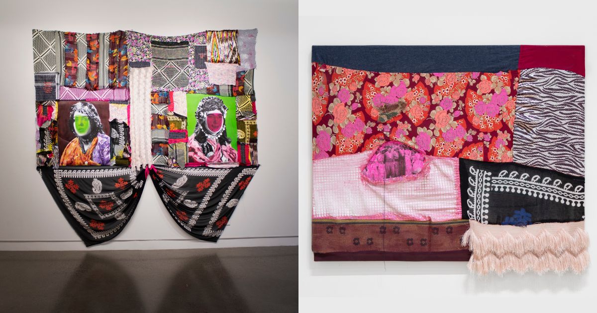 Artwork of Nuveen Barwari featuring Kurdish fabrics collaged together. Artwork of Nuveen Barwari featuring Kurdish fabrics collaged together.