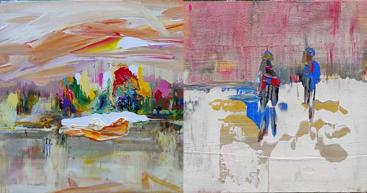 Artwork of Dara Aram; left is a painting of figures in a pink and orange landscape with colorful forest and right is a painting of two figures standing surrounded by a pink sky and white, gold, and blue ground. Artwork of Dara Aram; left is a painting of figures in a pink and orange landscape with colorful forest and right is a painting of two figures standing surrounded by a pink sky and white, gold, and blue ground.