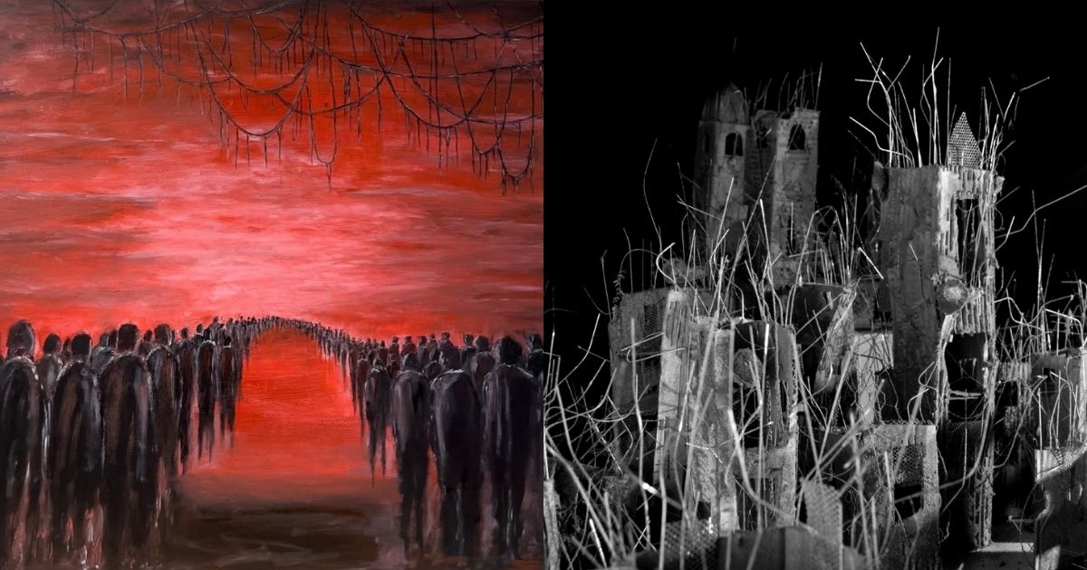 Artwork of Vian Hussein; left is a painting of figures in a red landscape with walking in a line and right is a sculpture of a city made from various materials. Artwork of Vian Hussein; left is a painting of figures in a red landscape with walking in a line and right is a sculpture of a city made from various materials.