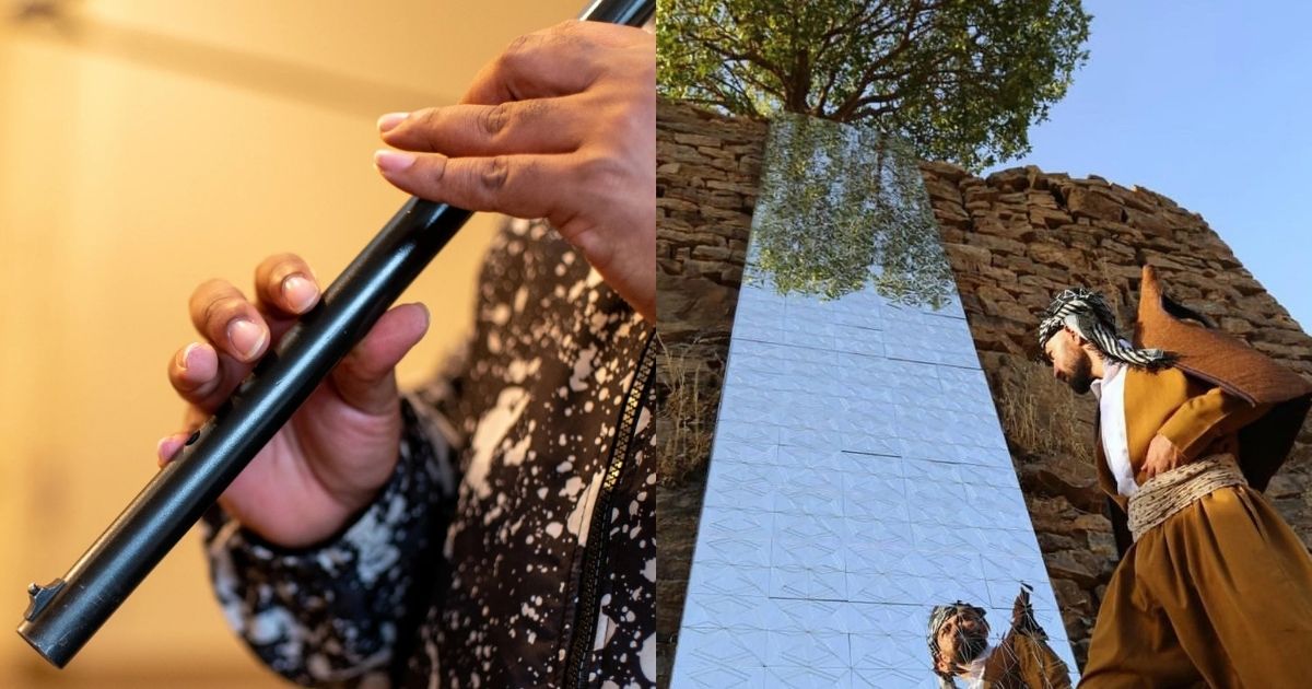 Artwork of Pedram Baldari; left is a gun that has been repurposed into a flute and right is a art installation of mirror alongside a mountain. Artwork of Pedram Baldari; left is a gun that has been repurposed into a flute and right is a art installation of mirror alongside a mountain.