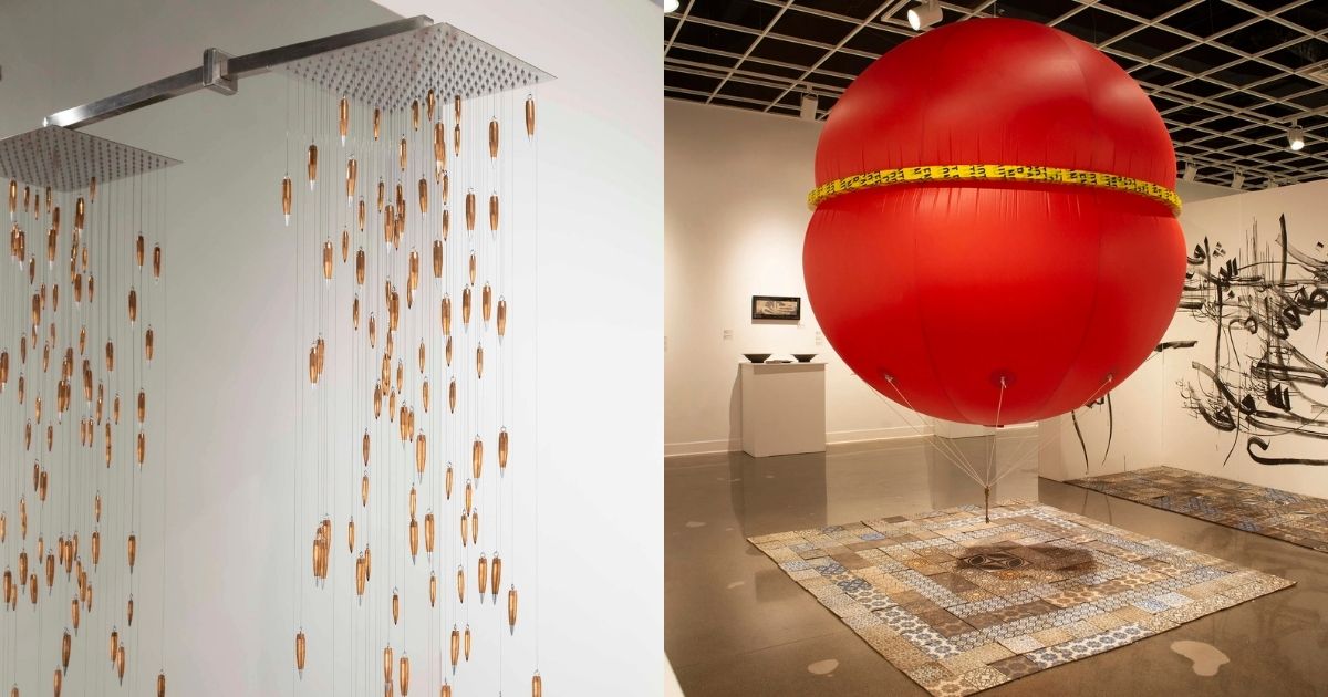 Artwork of Pedram Baldari; left is a shower with bullets representing water and right is a balloon with a belt made from caution tape and a key to the Statue of Liberty hanging from the balloon. Artwork of Pedram Baldari; left is a shower with bullets representing water and right is a balloon with a belt made from caution tape and a key to the Statue of Liberty hanging from the balloon.