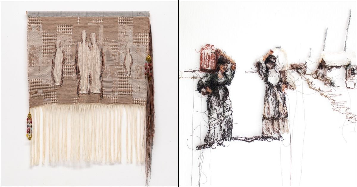Artwork of Beizar Aradini; left is woven artwork with the shapes of people and right is women carrying jugs embroidered with thread. Artwork of Beizar Aradini; left is woven artwork with the shapes of people and right is women carrying jugs embroidered with thread.