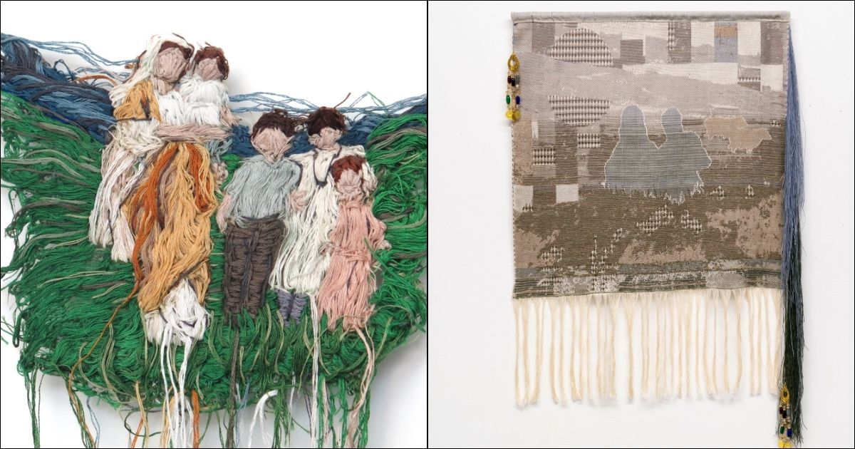Artwork of Beizar Aradini; left is an embroidered image of a Kurdish family and right is a woven artwork with a cutout shape of two people. Artwork of Beizar Aradini; left is an embroidered image of a Kurdish family and right is a woven artwork with a cutout shape of two people.