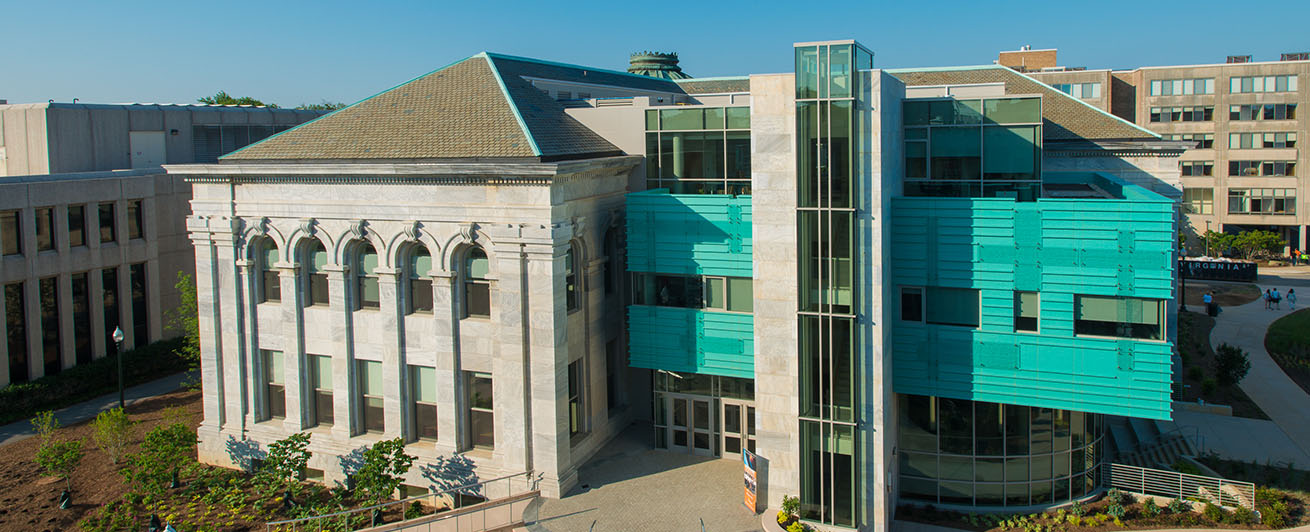 Aerial shot of the McKinley building on American University's campus.