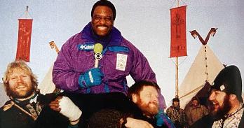 James Brown at the 1992 Winter Olympics in Lillehammer, Norway, on the shoulders of three Norwegian men.