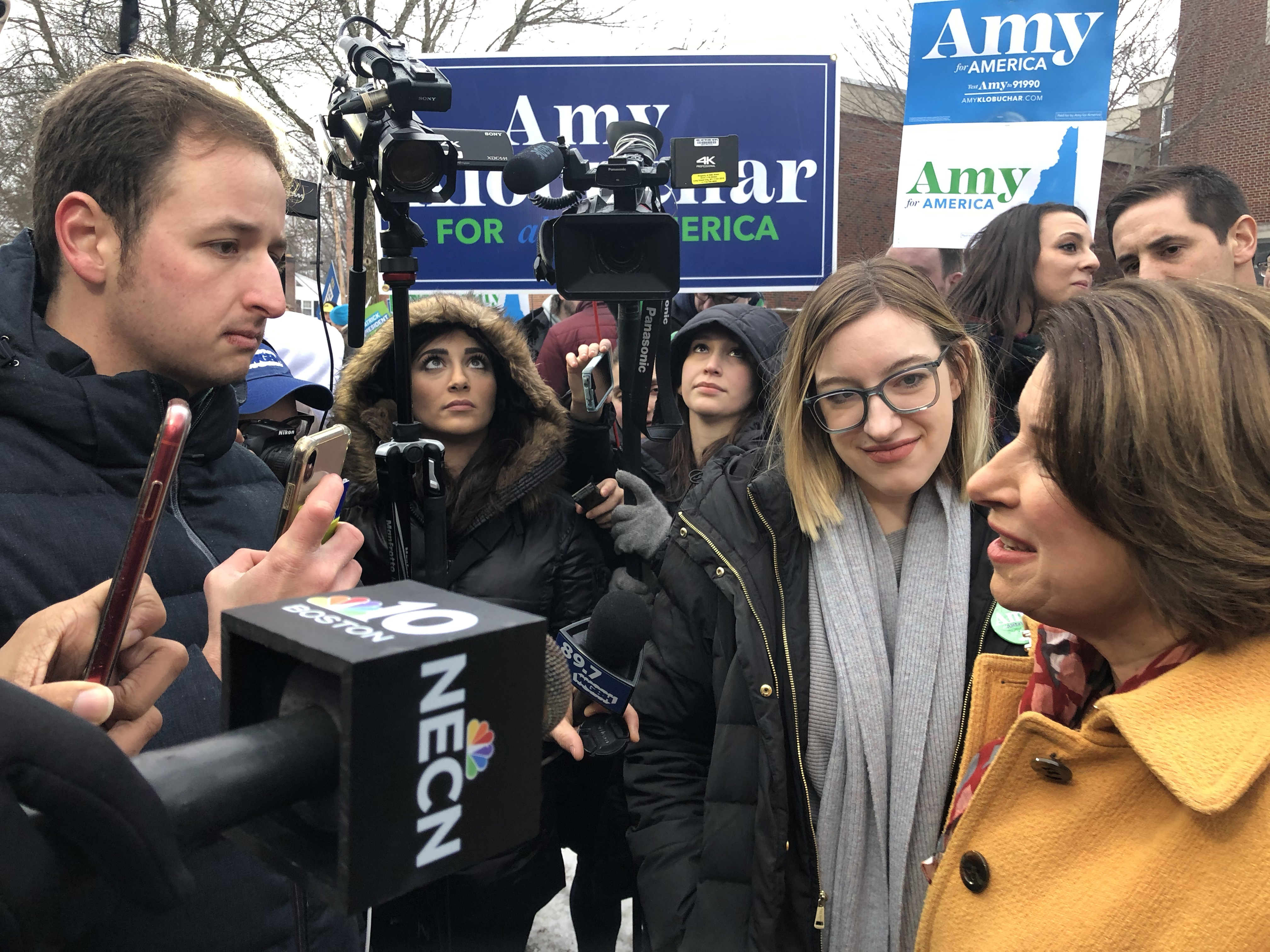 SOC student Robbie Heilberg (far left) asks Sen. Amy Klobuchar Tuesday about her chances in New Hampshire’s primary, Tuesday in Manchester, New Hampshire.