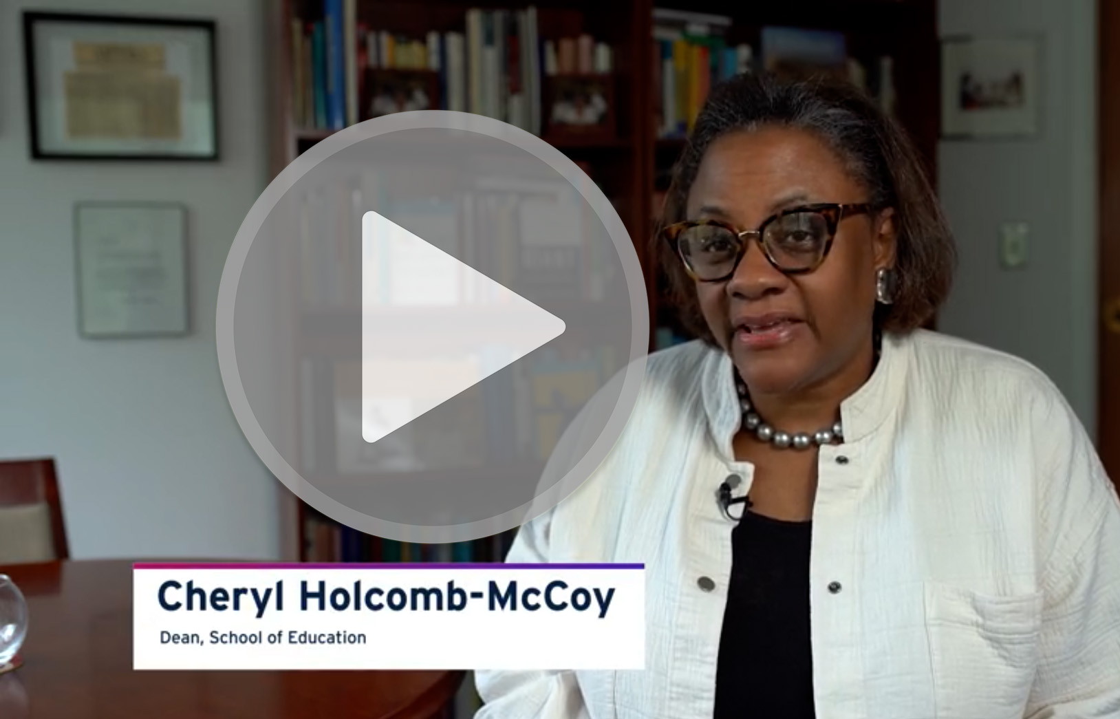 Still from video where Dean Cheryl Holcomb-McCoy explains SOE's mission