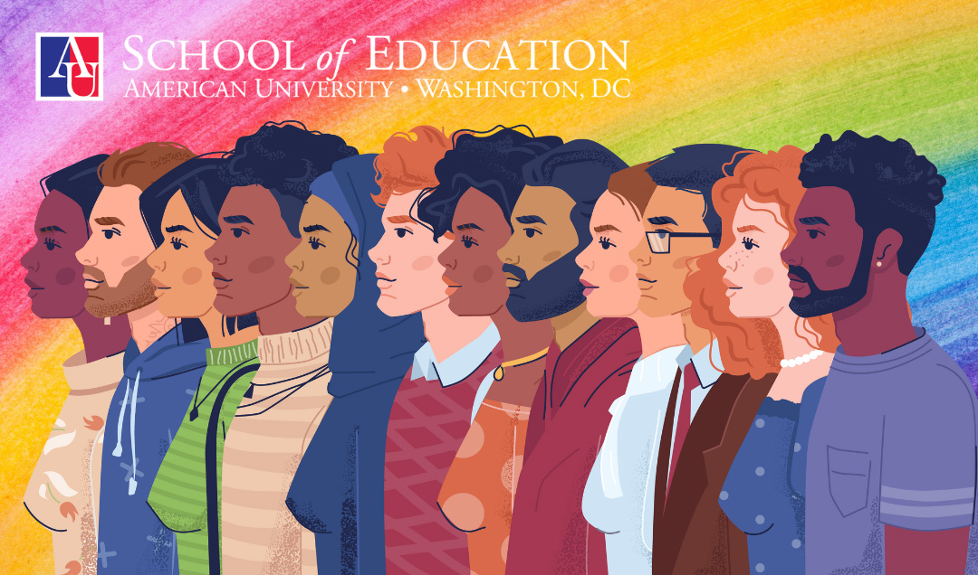 A variety of people in front of a rainbow background with the School of Education logo.