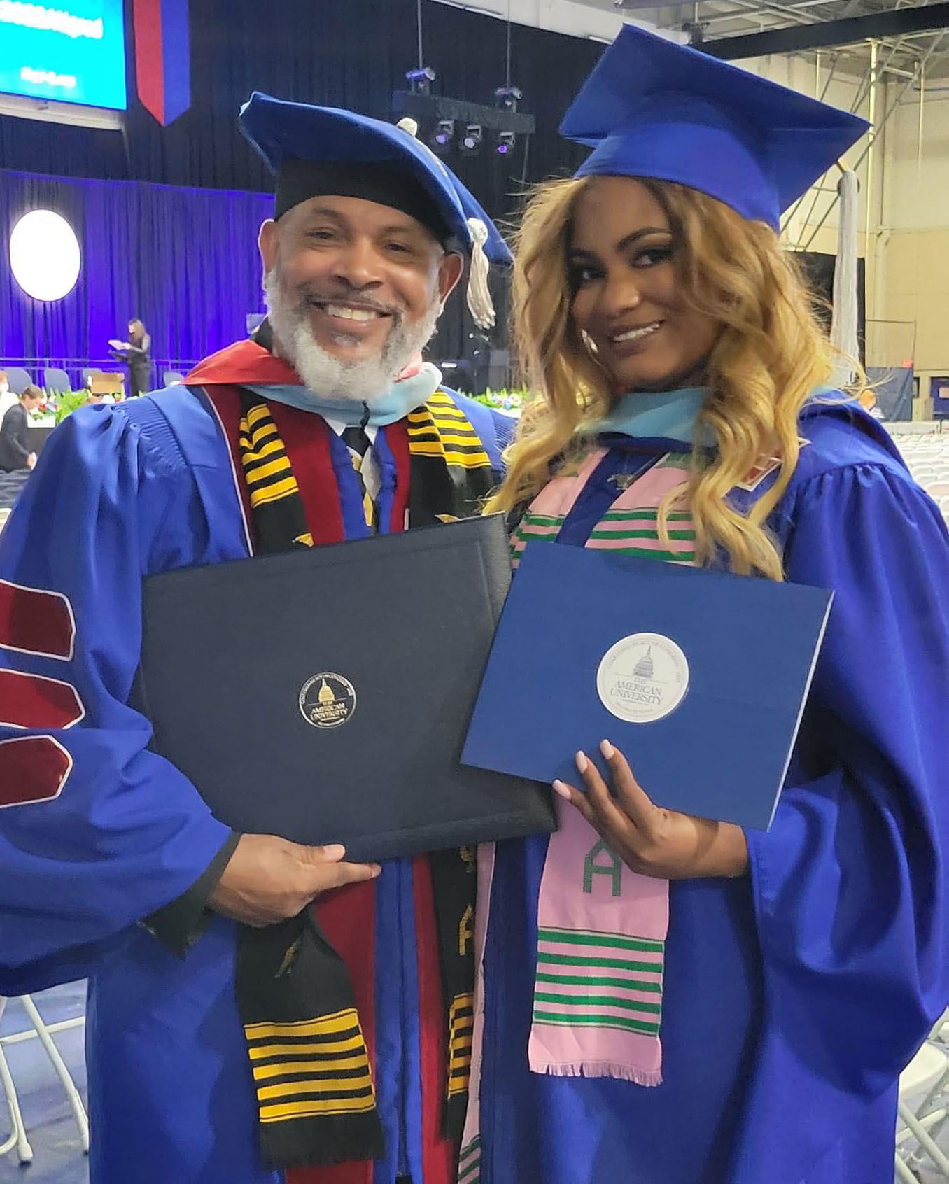 Jacques Patterson and his daughter Jacquelyn Patterson, on the day she earned a master of education degree and he received his doctorate.