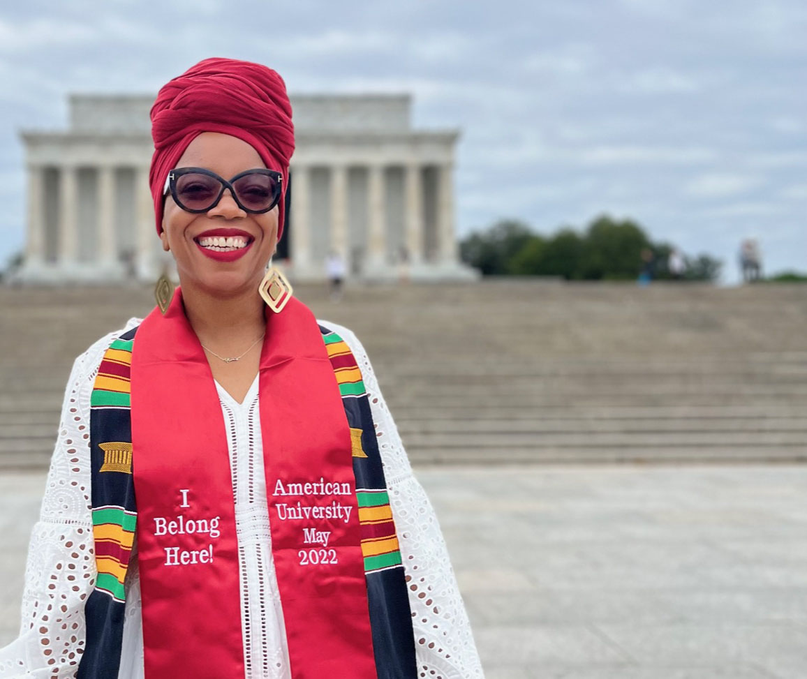 Dr. Tomiko Ball '22 in front of the Lincoln Memorial