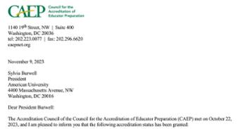 Snippet of the CAEP accreditation congratulatory letter