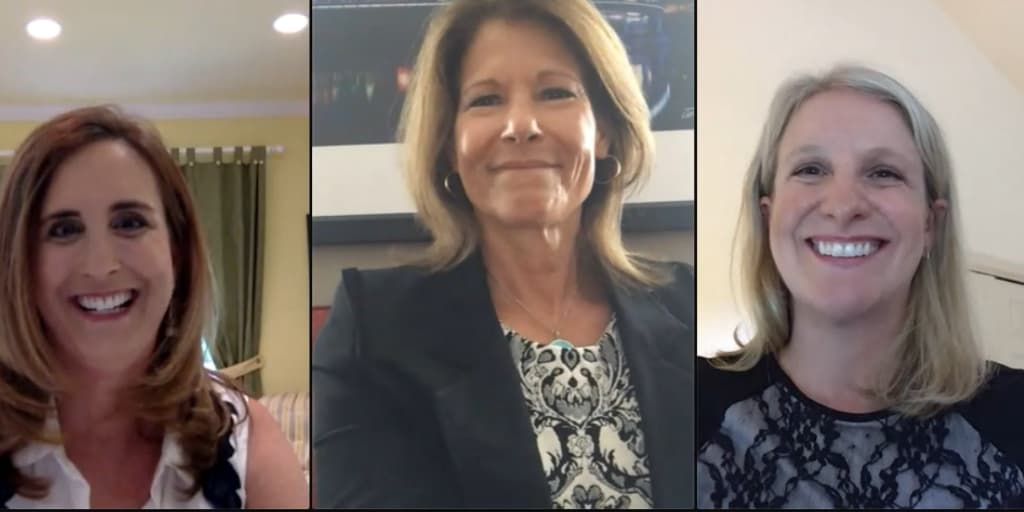 Betsy Fischer Martin, Cheri Bustos, and Lucinda Guinn on a zoom call.