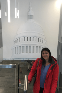Lisa in front of an artistic rendition of the United States Capitol
