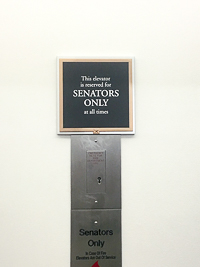 A Senate Only sign is hung at the elevators of the Dirksen Senate Building in Washington DC, Washington Semester Program