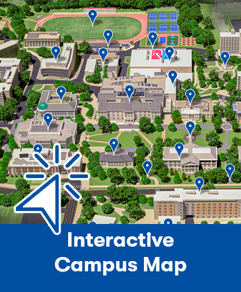 Bird's eye view of an interactive map of American University, labelled Interactive Campus Map on a blue rectangle at the bottom.
