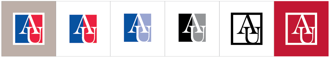proper usage of the au icon and logo, au icon on tan background, au icon on white, two tone blue icon on white, teo tone greyscale icon on white, au engraved icon in black on white, au engraved iocn white on red