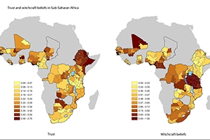 A map illustrating the areas in Sub-Saharan Africa where belief in witchcraft is linked to high levels of mistrust among the people living there.