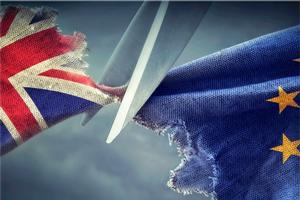 Scissors cutting UK and EU flag.