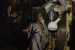 Painting of an alchemist discovering phosphorus by Joseph Wright of Derby