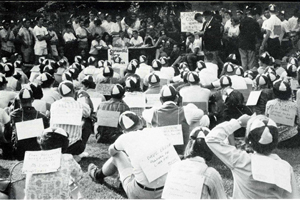 Archival: Freshmen wearing beanie caps while on the quad. This used to be an old AU tradition.