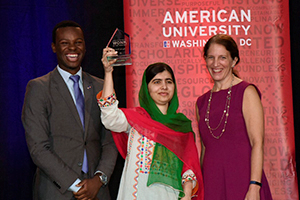 KPU Director Shyheim Snead (left), Malala Yousafzai, and AU President Sylvia Burwell. Credit: Jeff Watts.