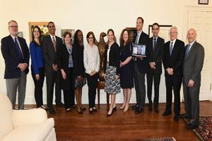 Group with AU President Sylvia M. Burwell and Professors Bettina Poirier and David Barker