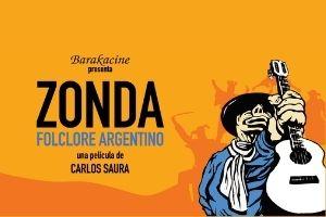 Barakacine presenta Zonda Folclore Argentino una pelíca de Carlos Saura man in blue shirt with white scarf holding up guitar on orange background