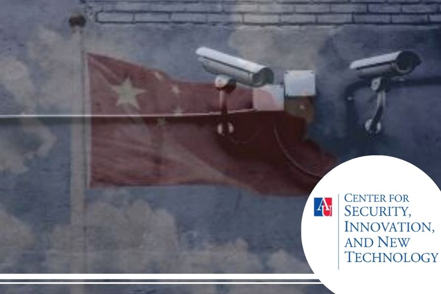 Image of surveillance cameras with a transparent image of a Chinese flag overlay.