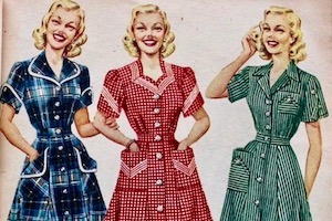 Three women in 1950s housedresses: blue, red, green.
